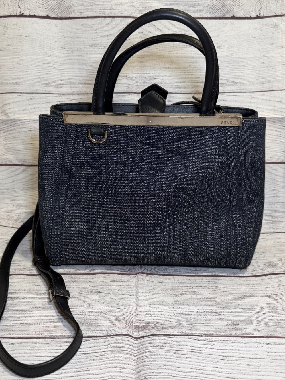 FENDI 2 JOURS Hand Bag Denim 2way Blue Silver